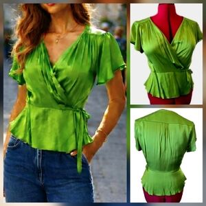NWOT•Zara Woman Emerald Green Wrap Blouse•Tulip Sleeves• Size M/L